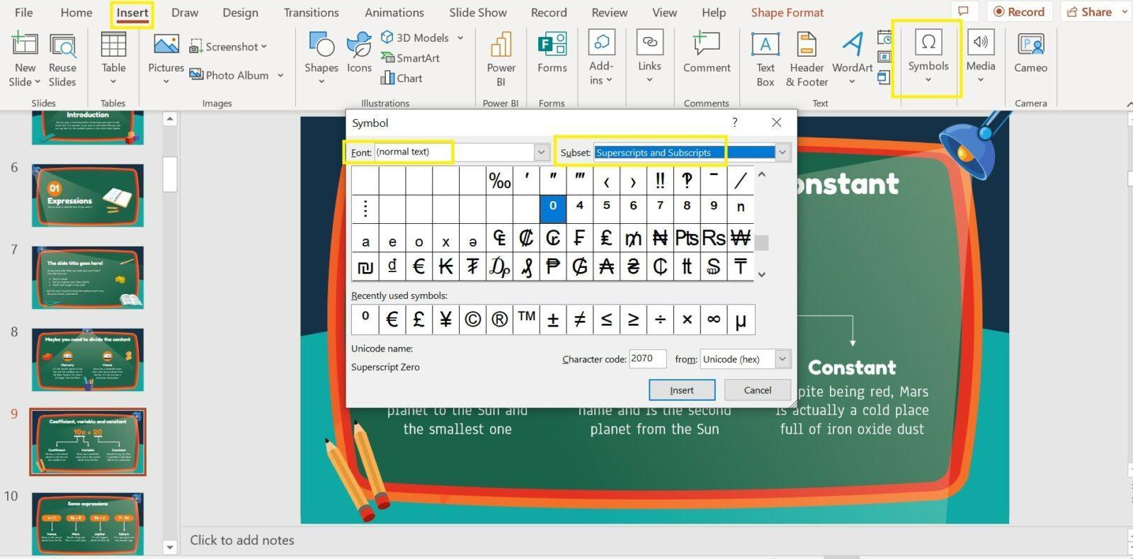 Как добавить надстрочные и подстрочные знаки в PowerPoint 7 superscr 3