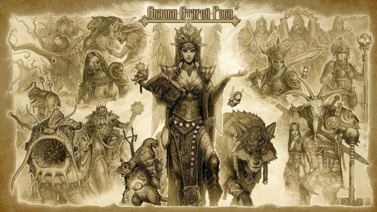 Иллюстрация персонажей из игры Сказки Старой Руси на фоне фантастического пейзажа