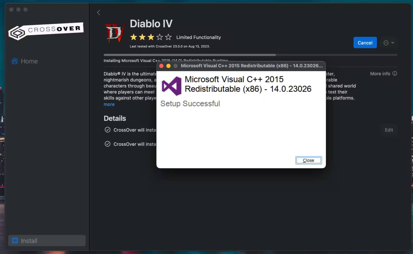 Экран установки CrossOver для Mac с успешной установкой Microsoft Visual C++ 2015 Redistributable