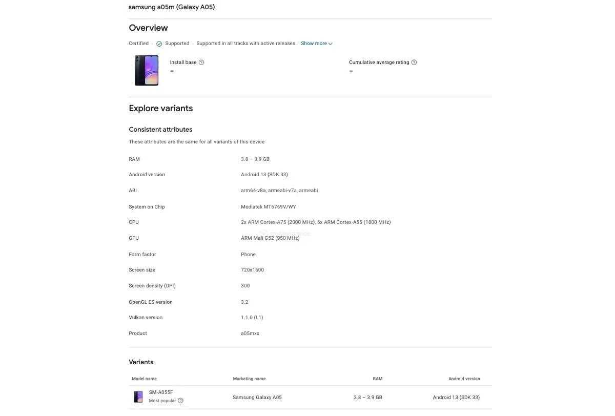 Листинг Samsung Galaxy A05 в Google Play Console подтвердил дизайн и технические характеристики 3 gsmarena 002 31
