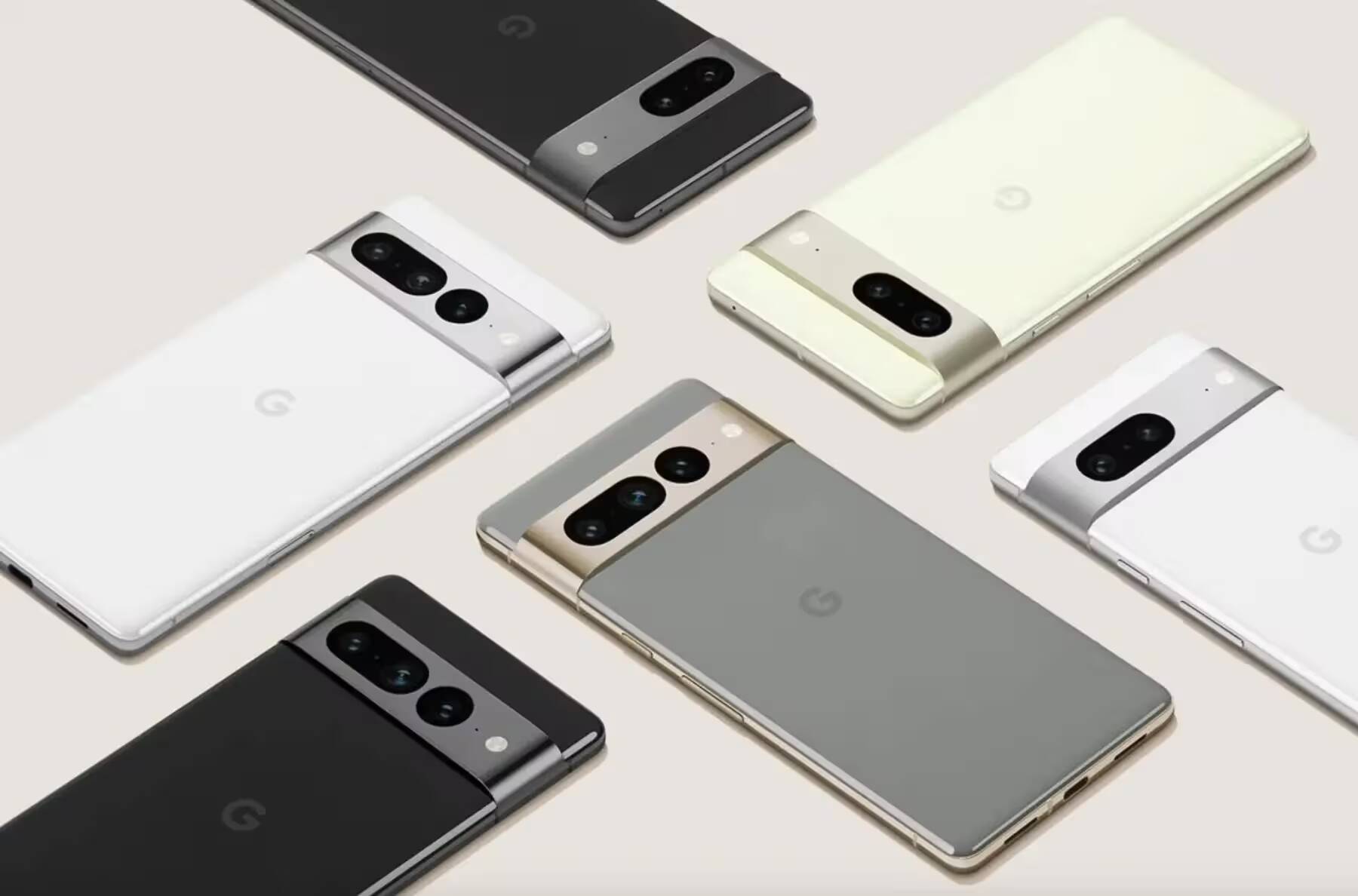 Разные цвета смартфонов Google Pixel 8 с тремя камерами на задней панели