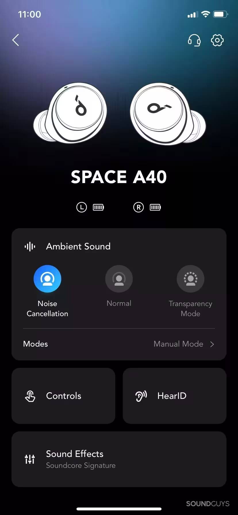 Экран приложении наушников Anker Soundcore Space A40 интерфейс настройки звука