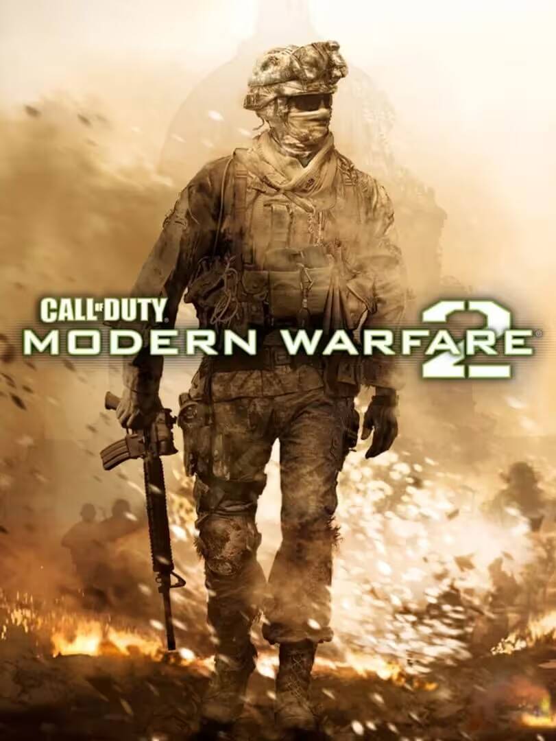 Лучшие игры серии Call of Duty: Часть 2 9 Обложка игры Call of Duty Modern Warfare 2 с военным солдатом с оружием на фоне пылающего пейзажа