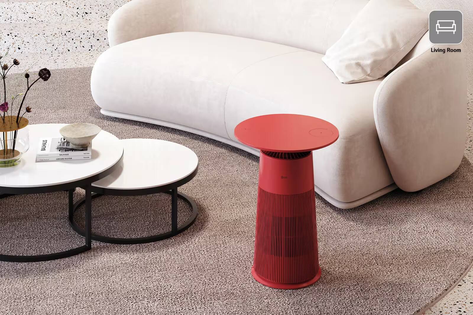 Красный очиститель воздуха LG PuriCare AeroFurniture в форме кофейного столика