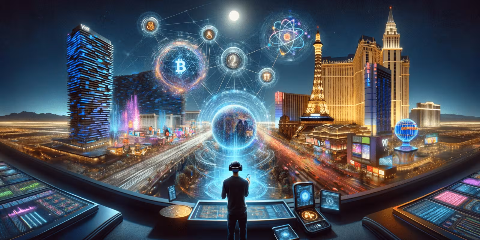 dall·e 2023 12 30 11.30.10 a realistic wide angle depiction of 2023 technology. the scene is set in las vegas with a bustling cityscape illuminated by neon lights. in the cent