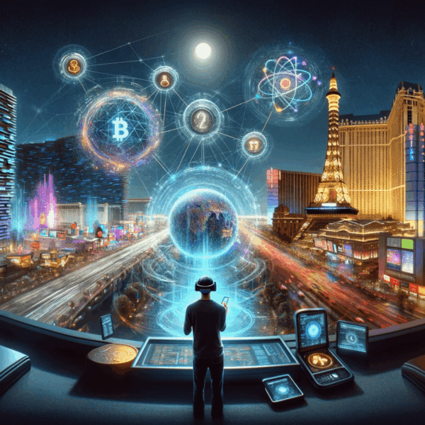 dall·e 2023 12 30 11.30.10 a realistic wide angle depiction of 2023 technology. the scene is set in las vegas with a bustling cityscape illuminated by neon lights. in the cent