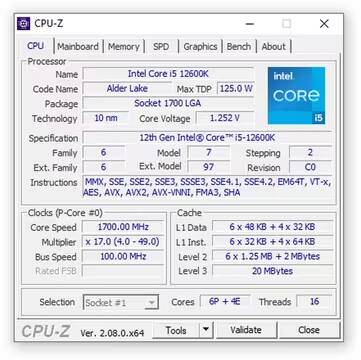 Загрузка процессора Intel Core i5 12600K в CPU-Z