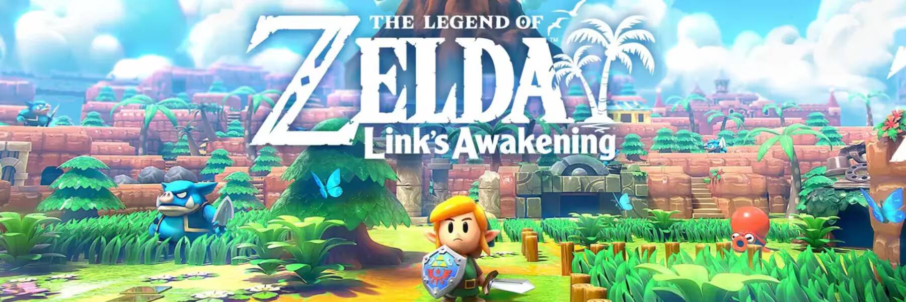 Обложка ремейка игры The Legend of Zelda Link's Awakening для Nintendo Switch с ярким пейзажем и героем в центре