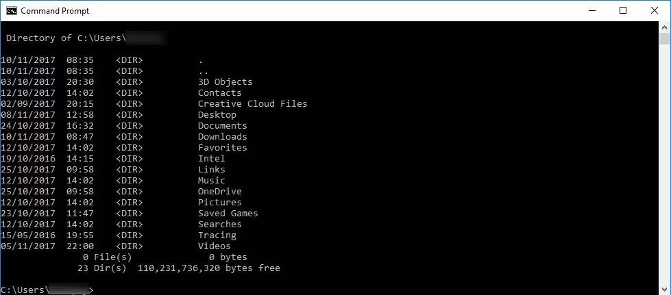 Командная строка Windows 10 или 11 показывает папки и файлы