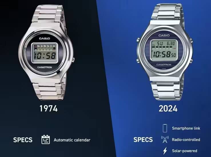Винтажные цифровые часы Casio Casiotron 1974 и современные 2024 с металлическим корпусом и ремешками