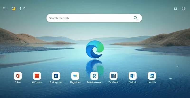 Компания Microsoft добавит в браузер Edge отдельную панель поиска 1 Главная страница браузера Microsoft Edge с логотипом и поисковой строкой на фоне природного пейзажа