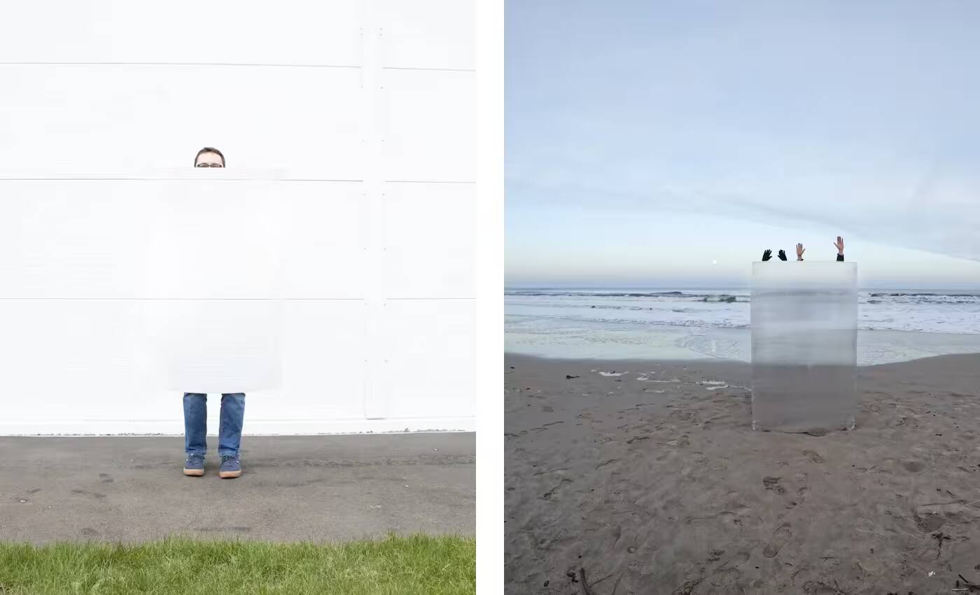 Человек за ширмой-невидимкой Invisibility Shield 2.0 на улице