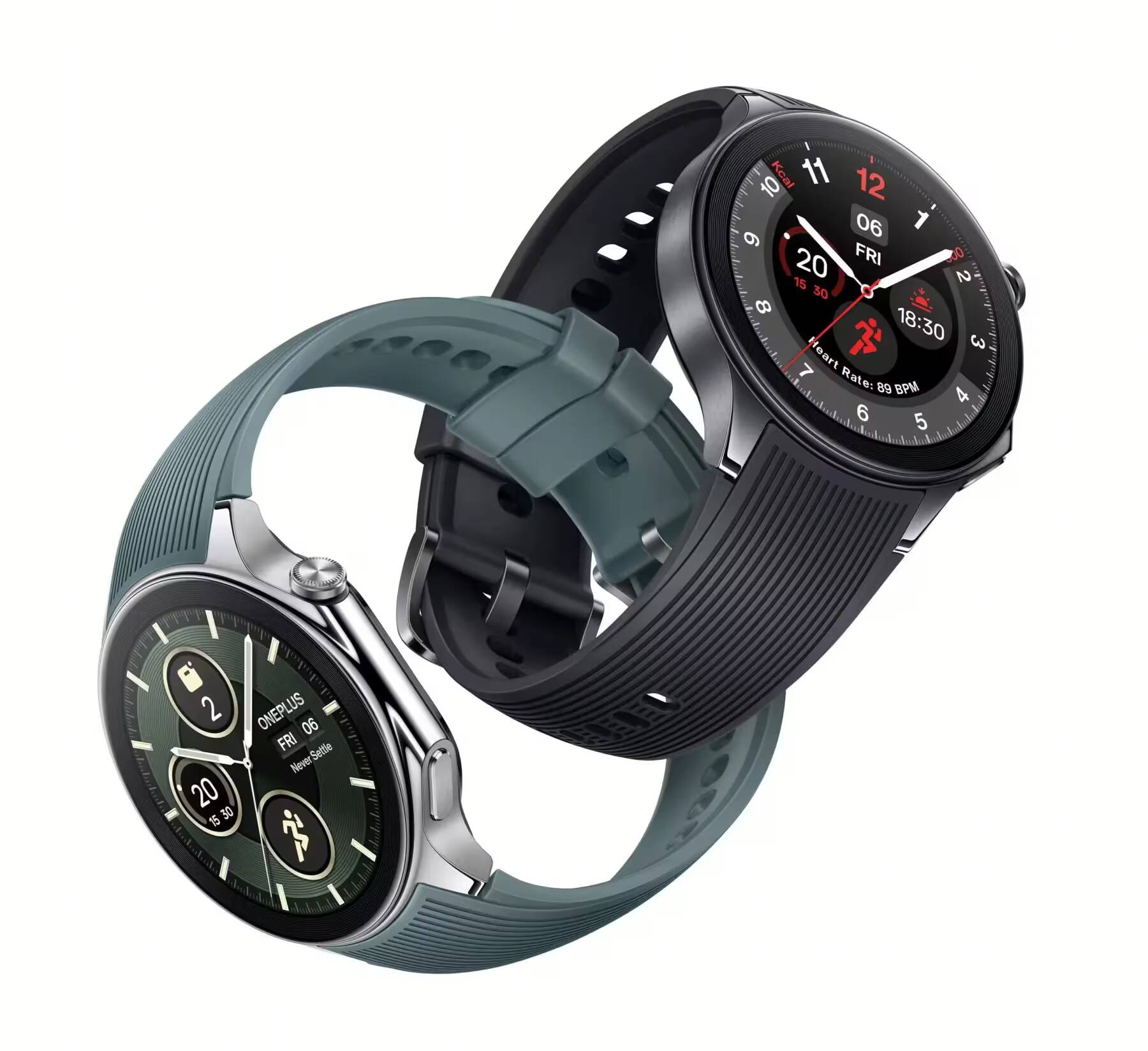 Два смарт-часы Galaxy Watch с круглыми дисплеями и ремешками