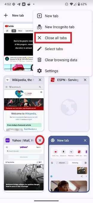 Экран смартфона с вкладками браузера Chrome и меню закрытия