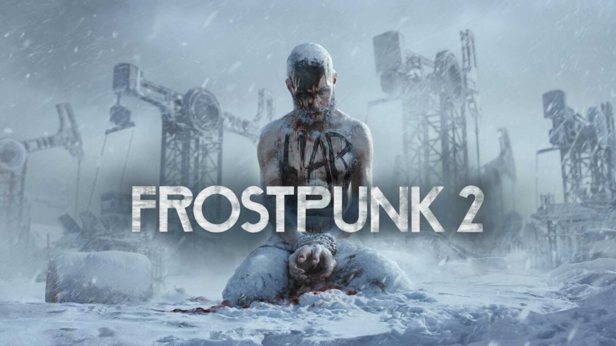 зимний пейзаж в стилистике Frostpunk 2 изображение персонажа в снегу с надписью на теле и промышленными структурами на заднем плане