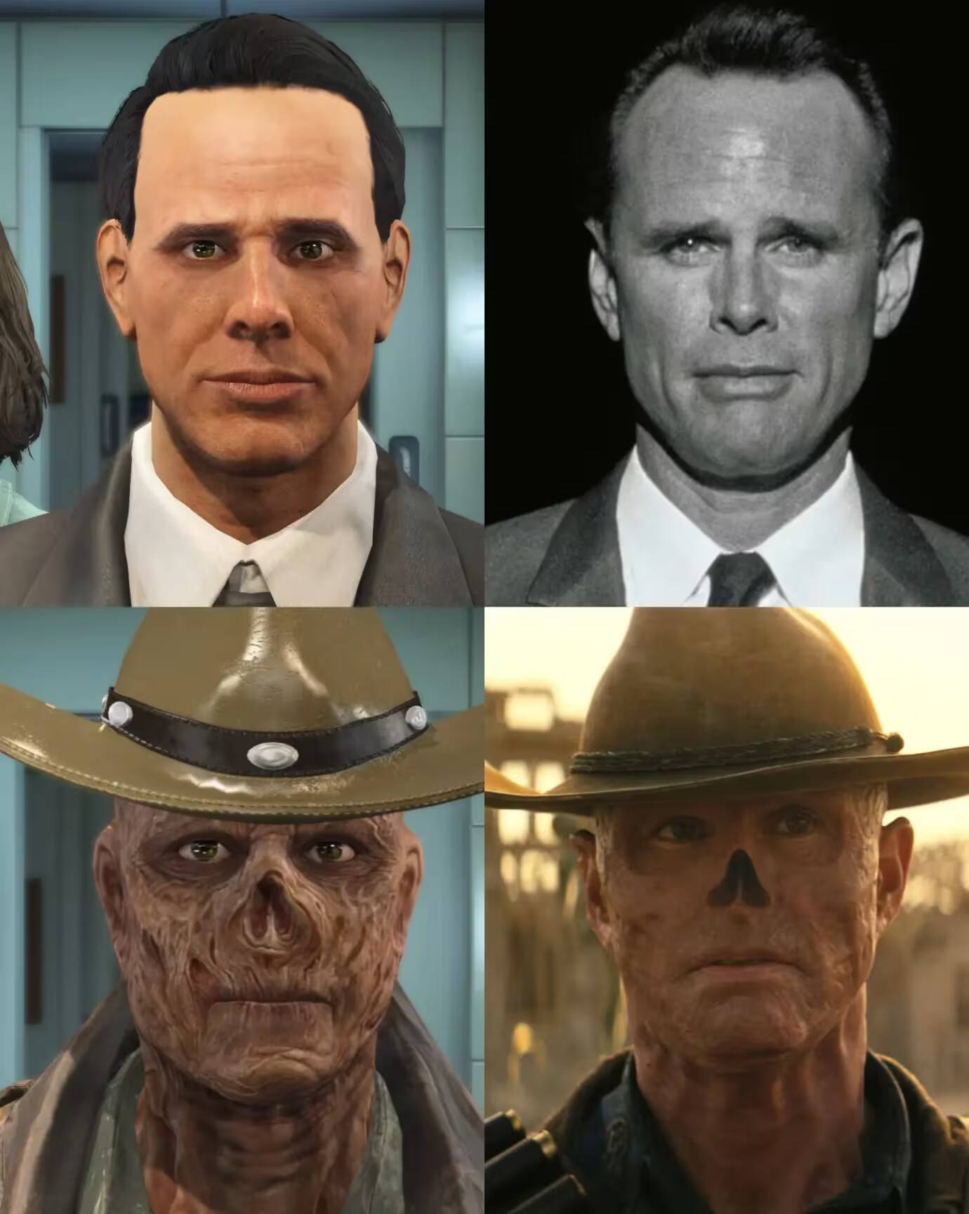 Фотография четырех персонажей Fallout 4 с различными внешностями и костюмами
