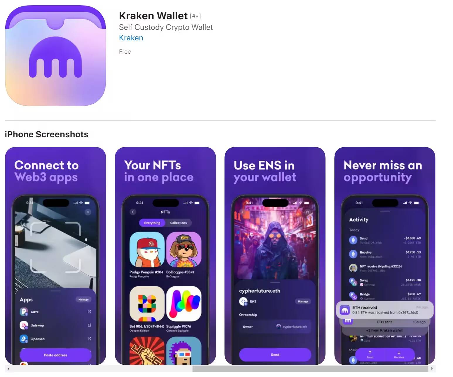 Изображение информации о криптокоешке Kraken Wallet на айфоне