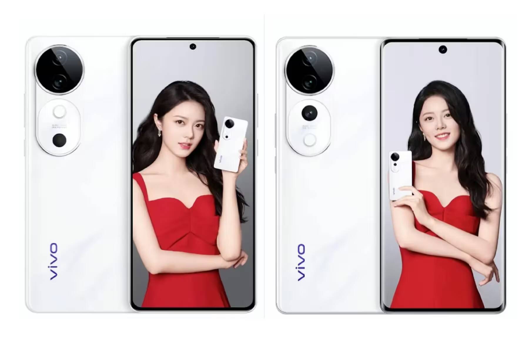 Двухэкранное изображение Vivo S19 и S19 Pro с женщинами в красных платьях