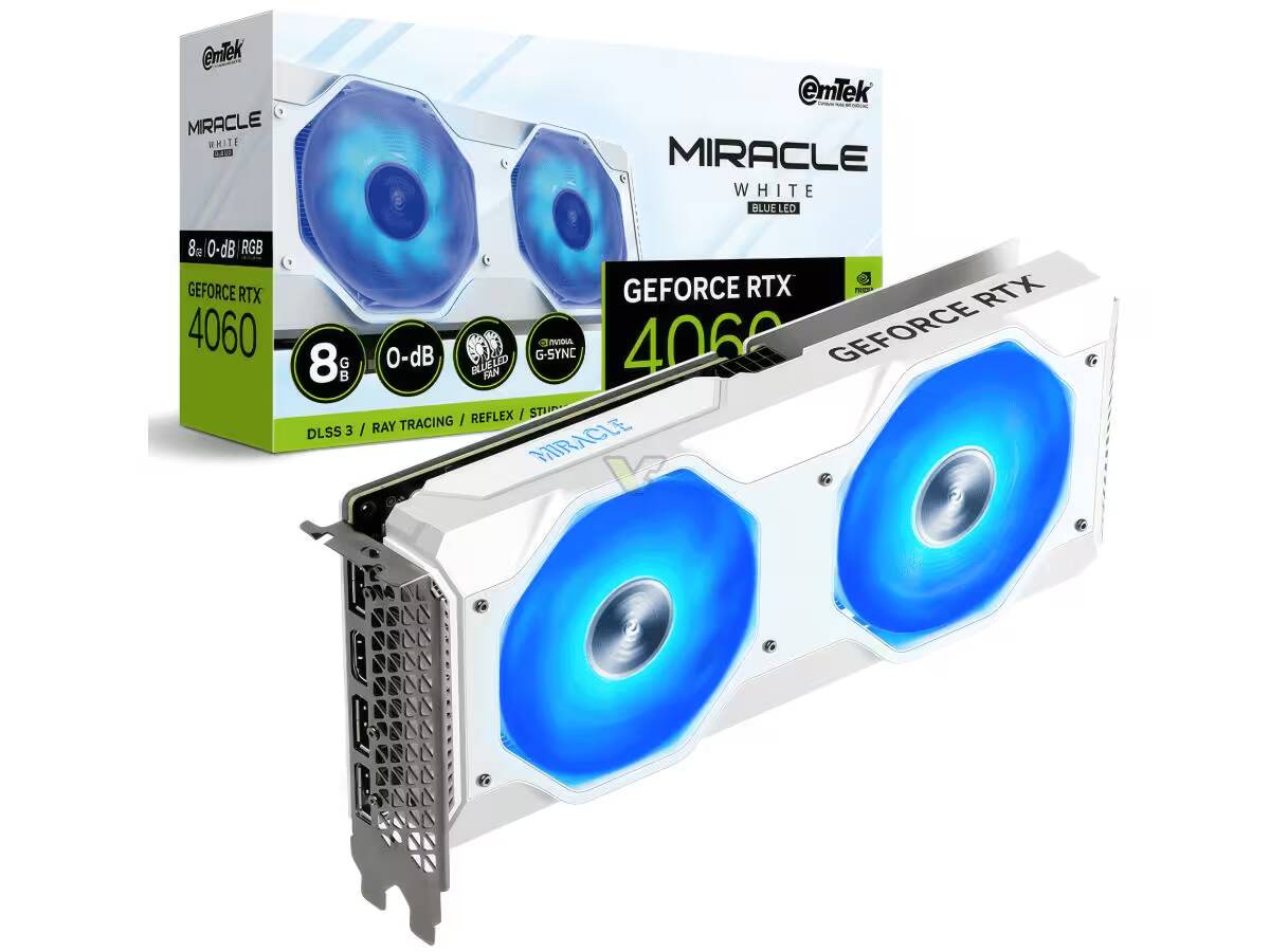 Представлен графический ускоритель Emtek GeForce RTX 4060 Miracle 1 Видеокарта Emtek Miracle White с подсветкой синий вентилятор сбоку