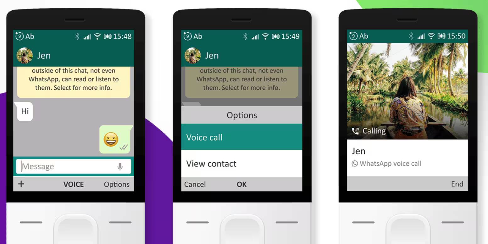 Телефон с интерфейсом WhatsApp на KaiOS три скриншота