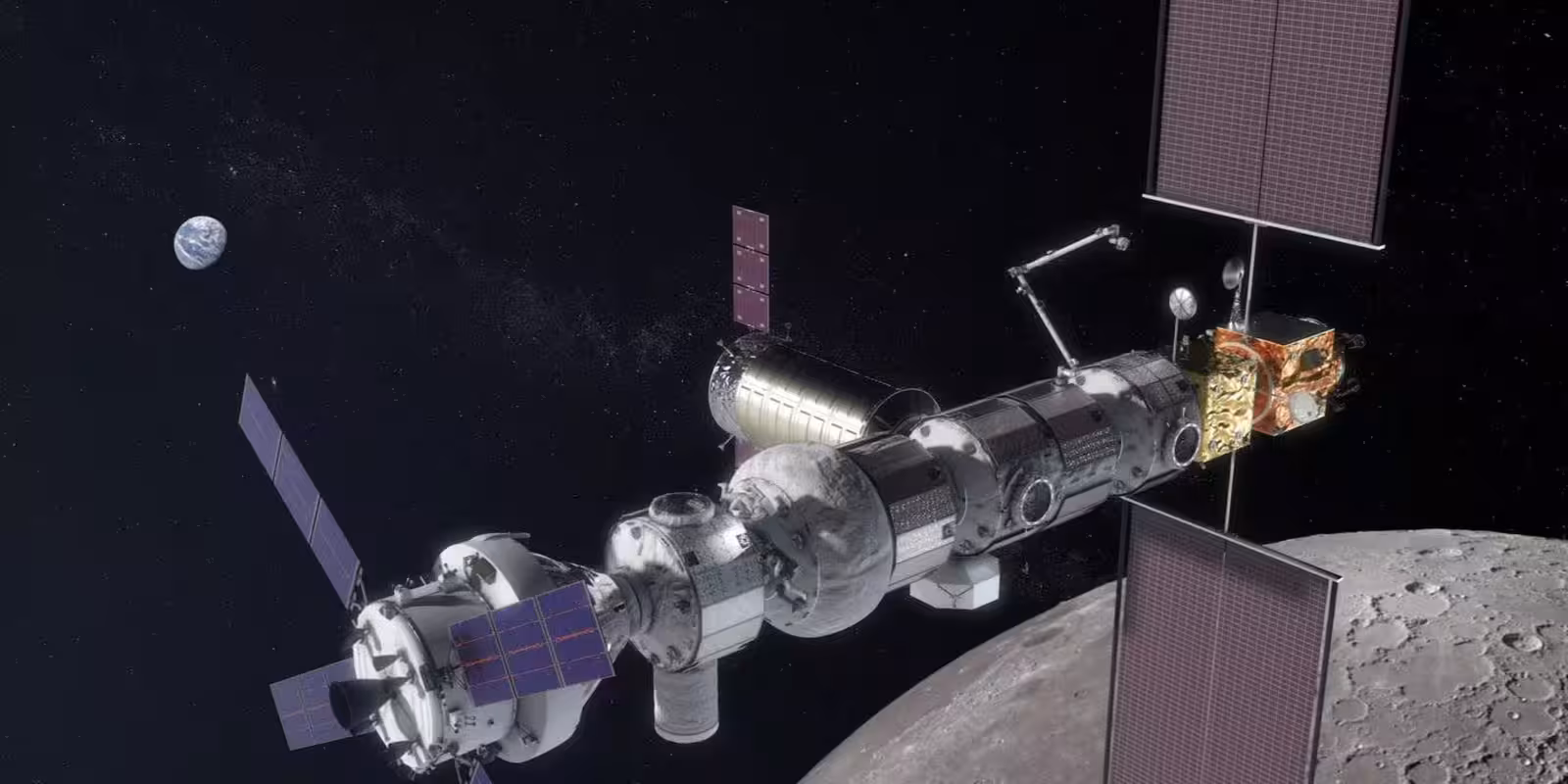 Космический корабль Gateway с солнечными панелями у Луны