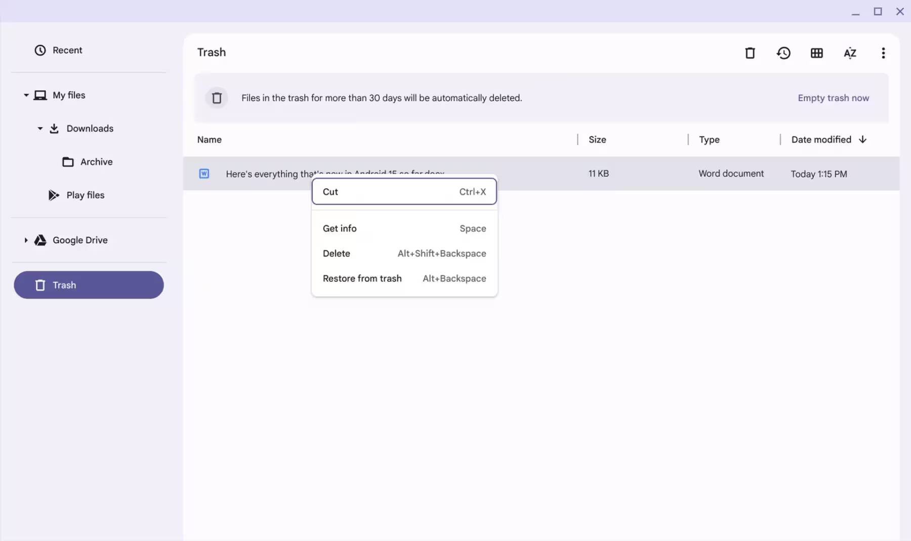 Chromebook: как управлять удаленными файлами 2 экран ноутбука Chromebook с меню управления файлами и корзиной