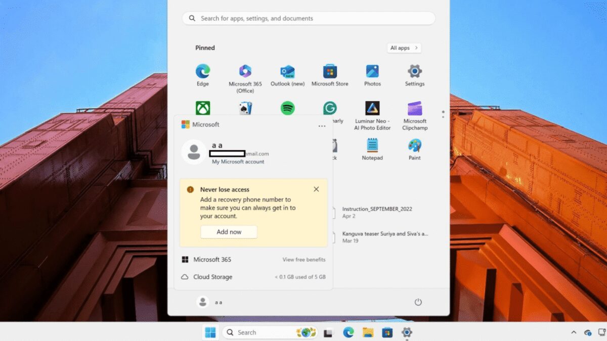 windows 11 start menu with microsoft account large 1