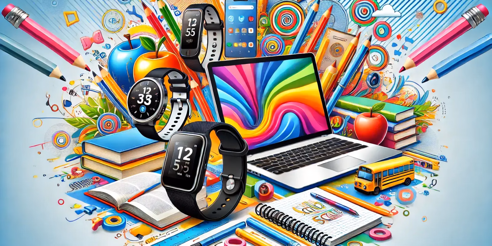 dall·e 2024 08 28 17.02.45 a colorful and dynamic back to school themed horizontal cover image featuring generic school gadgets like a laptop smartphone fitness tracker e rea