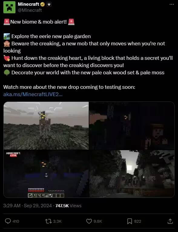 Minecraft анонсировала обновление с жутким биомом и новым мобом 1 Экран с изображением игрового процесса Minecraft на ПК