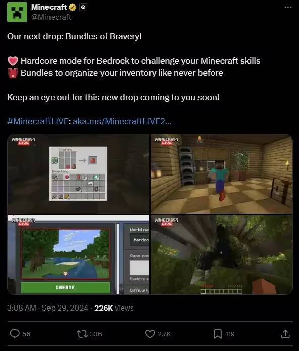 Minecraft анонсировала обновление с жутким биомом и новым мобом 2 Твит с изображением обновлений Minecraft для Bedrock интерфейс инвентаря персонаж в лесу и моб рядом