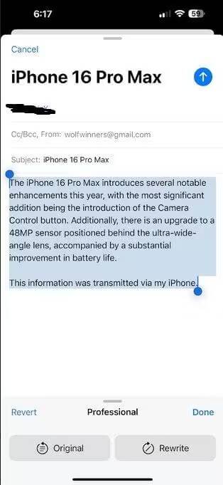 Экран iPhone 16 Pro Max с выделенной областью текста