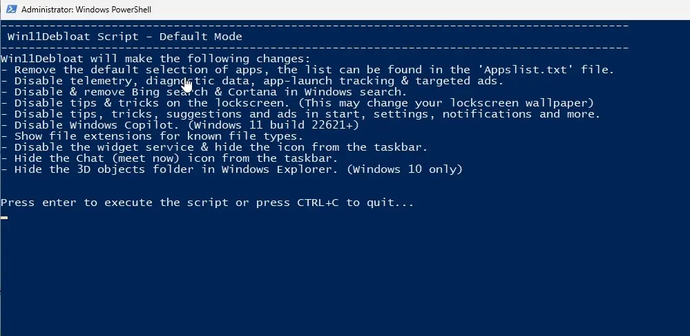 8 способов ускорить Windows 11 для оптимальной производительности без лишнего мусора 13 execute the debloater script.jpg