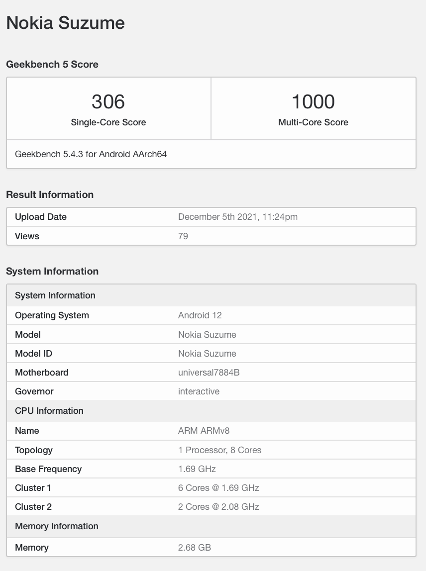 Смартфон Nokia на базе Samsung Exynos 7884 замечен на Geekbench 3 Nokia Suzume Geekbench