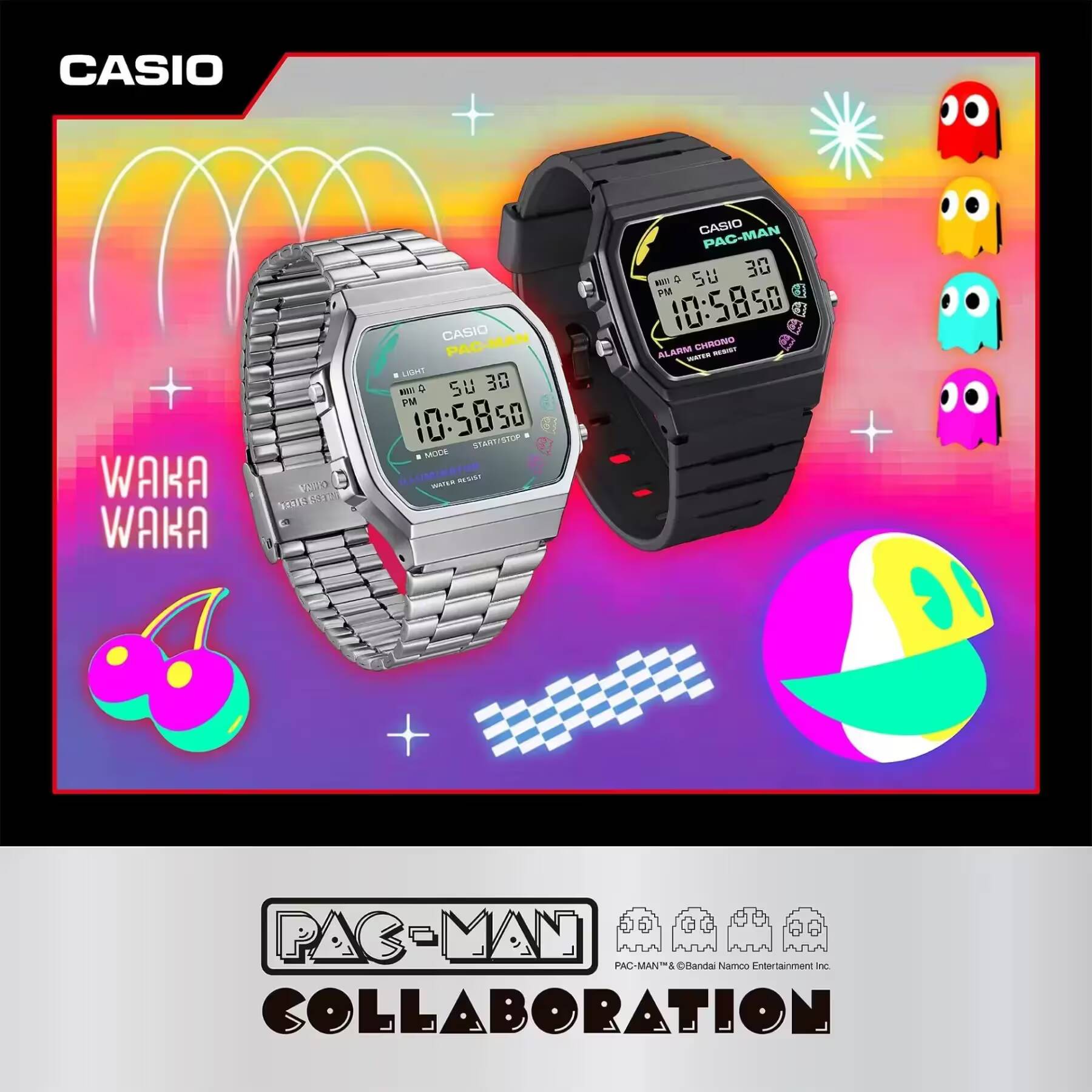 Два цифровых часовых устройства Casio в стиле ретро с дисплеями и подсветкой на ярком фоне коллекции часы Pac-Man