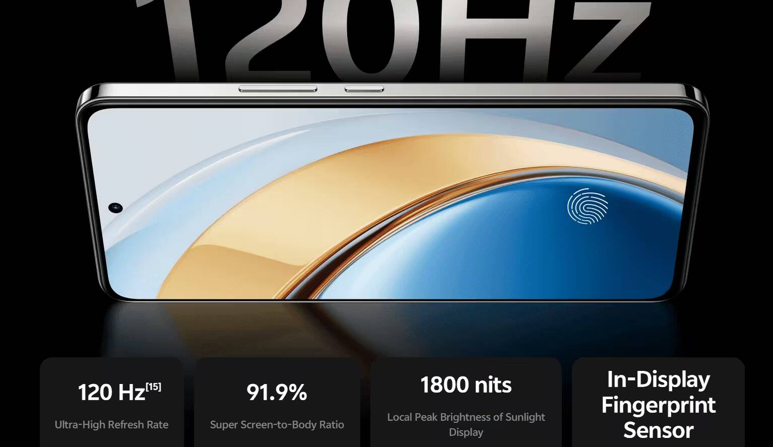 Вид спереди смартфона Vivo Y300 с отображением экрана и сканером отпечатков