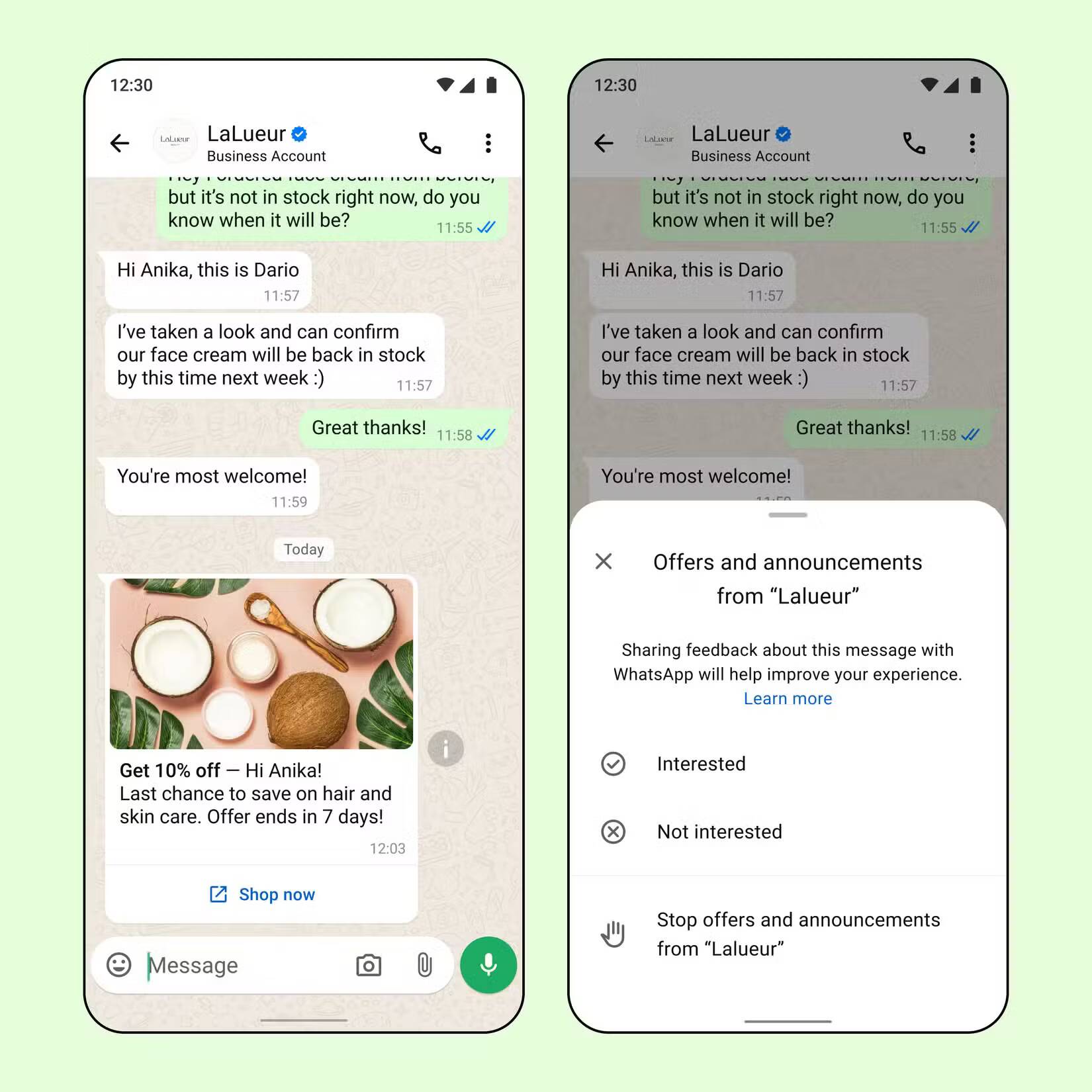 Экран чата WhatsApp с сообщением и кнопкой отписки