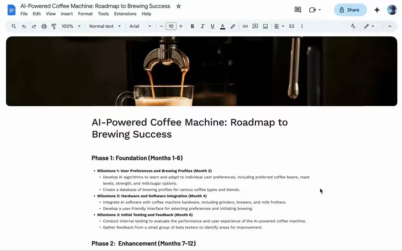 Экран документа Google Docs с планом развития кофейной машины