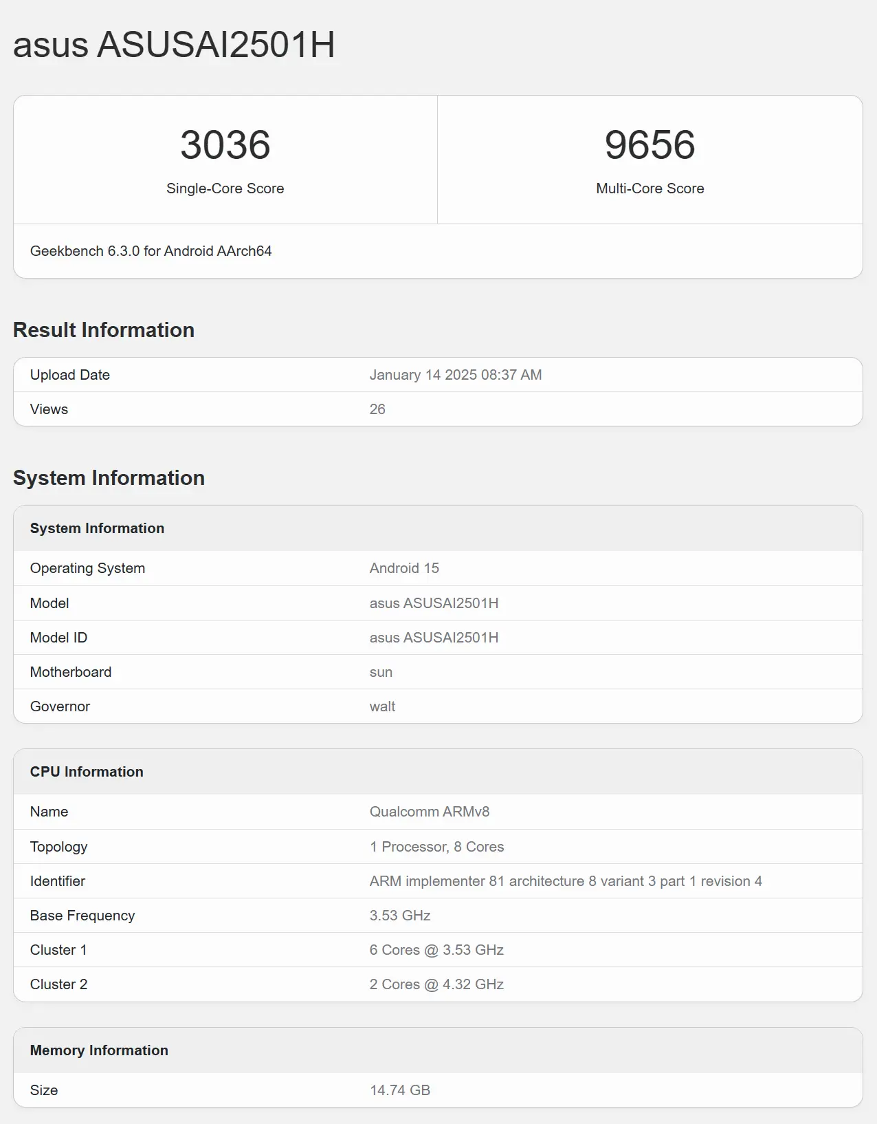 Asus Zenfone 12 Ultra прошёл тестирование в Geekbench 4 Asus Zenfone 12 Ultra