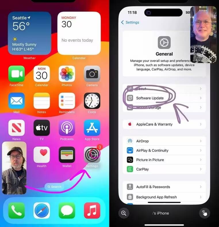 Экран iPhone с настройками обновления программного обеспечения и иконки настроек