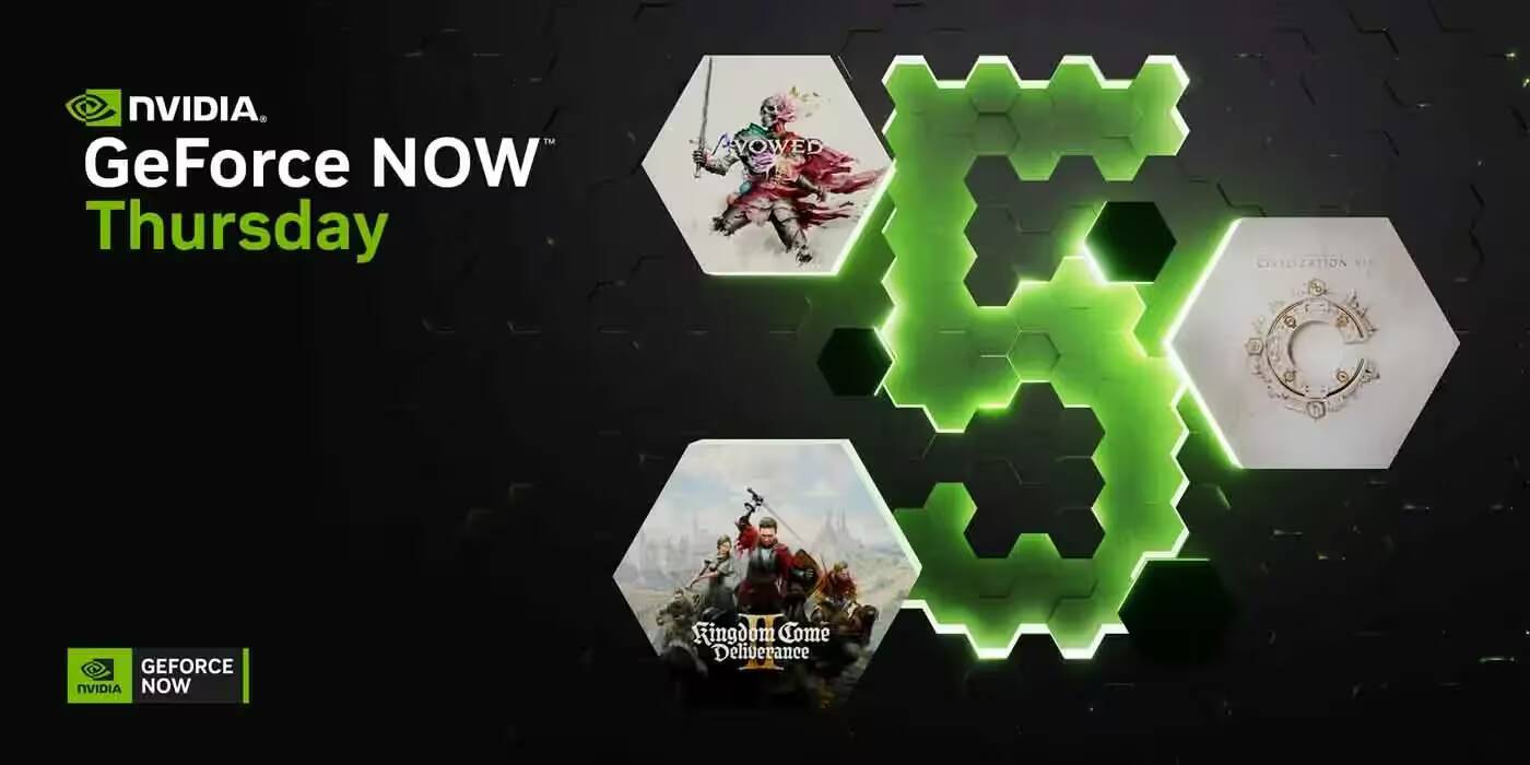 баннер для презентации NVIDIA GeForce Now с графическими элементами и изображениями игр