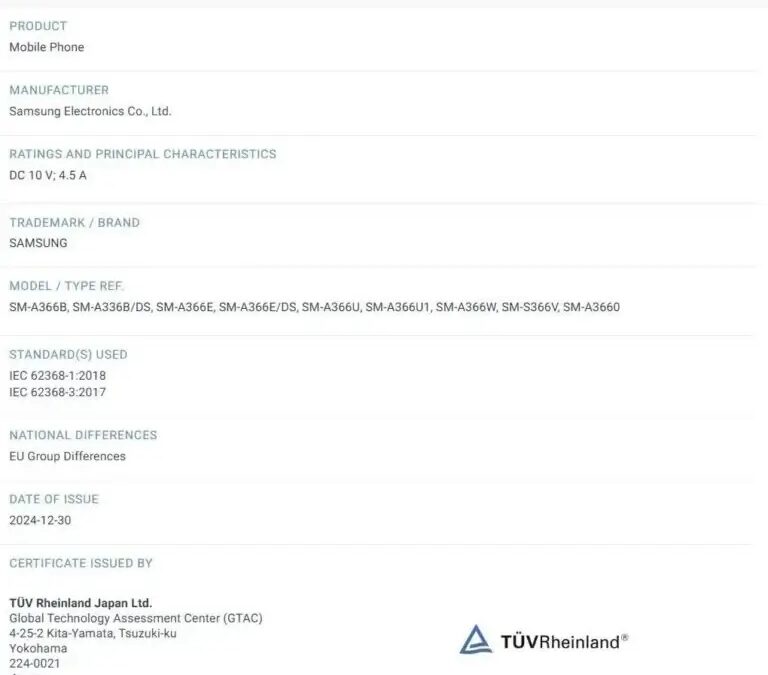 Samsung обновляет средний сегмент: Galaxy A36 и Galaxy A56 получают значительные улучшения 4 samsung galaxy a36 5g tuv rheinland iecee certification 45w fast wired charging 768x779 1