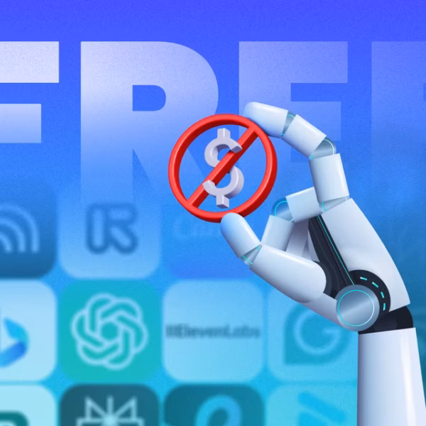 a robotic hand holding a crossed out dollar sign with various ai tool icons blurred in the background