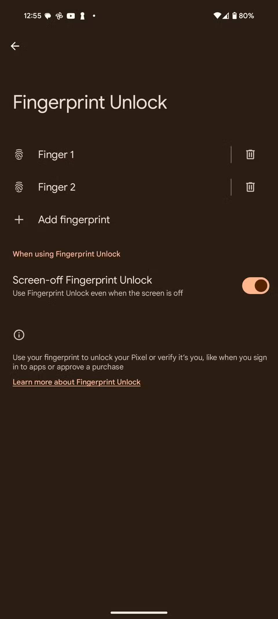 Настройки разблокировки по отпечаткам для Pixel 16 интерфейс