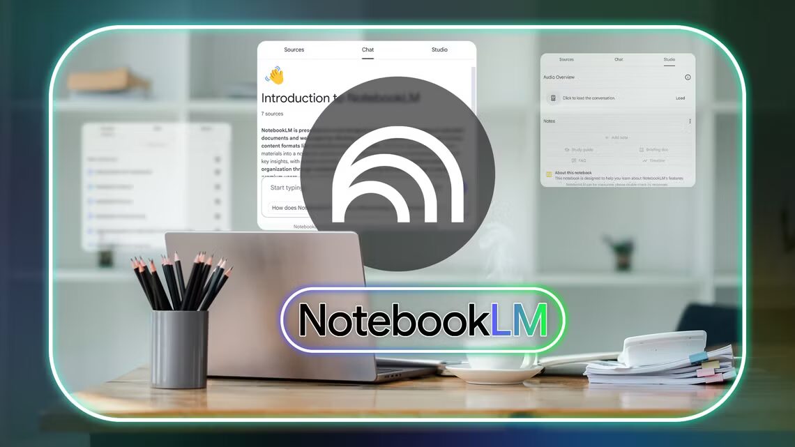 ИИ-сервис Google NotebookLM получит мобильное приложение 3 a desk with a laptop and other office items with the notebooklm logo in the center