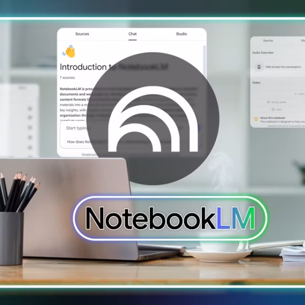 a desk with a laptop and other office items with the notebooklm logo in the center