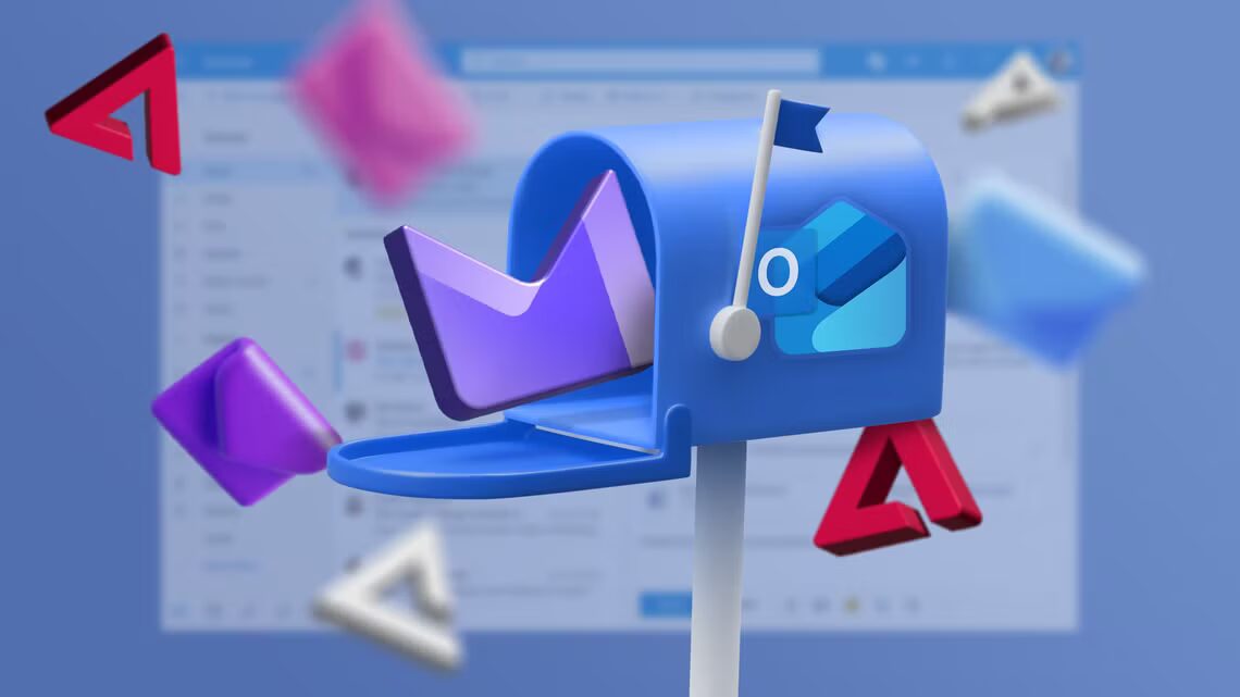 a mailbox with the outlook logo and the protonmail logo inside with several envelopes around it