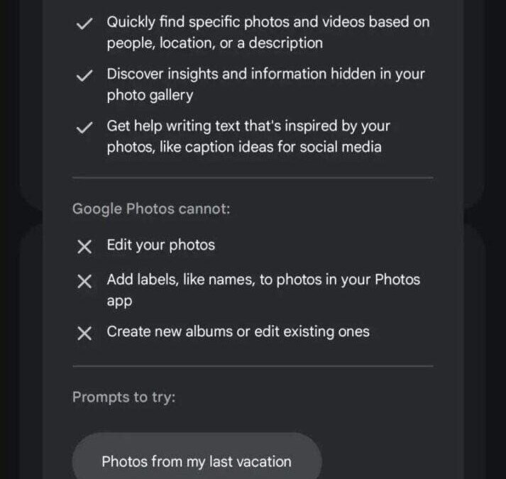 google gemini android app google photos integration description