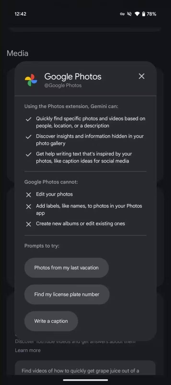 Gemini получил интеграцию с Google Photos: поиск воспоминаний голосом 1 Окно настроек Google Photos на смартфоне с описанием функций расширения Gemini