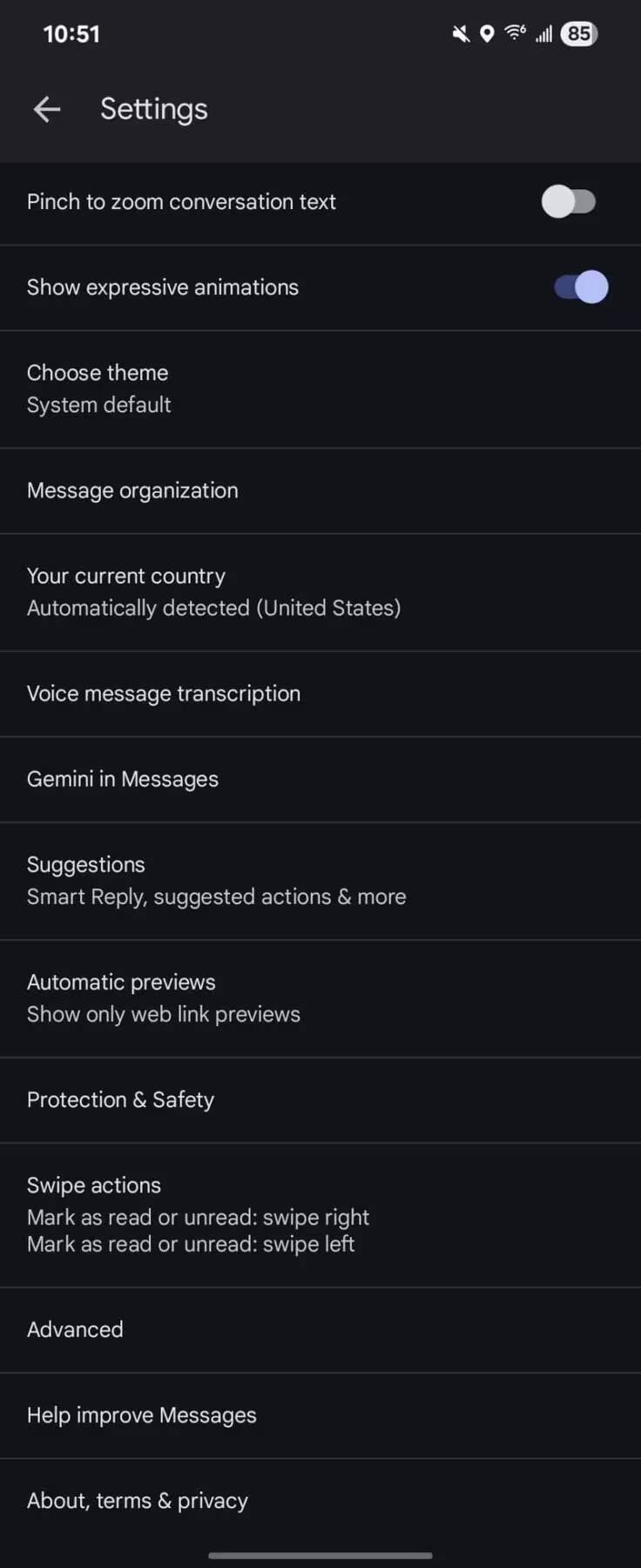Настройки Google Messages с переключателями и опциями