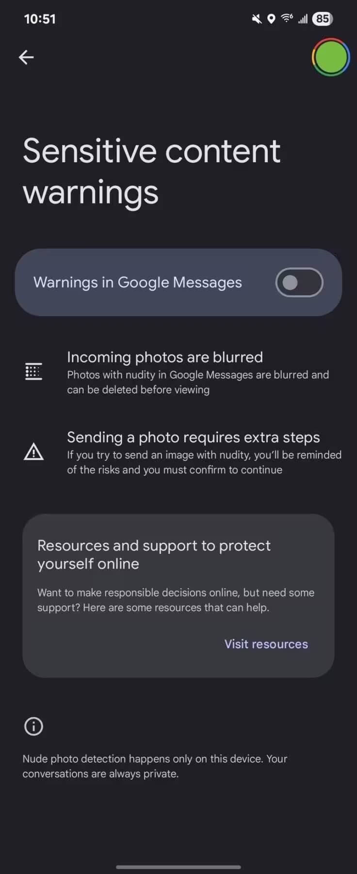 Настройки предупреждений о конфиденциальных фото на Android устройствах